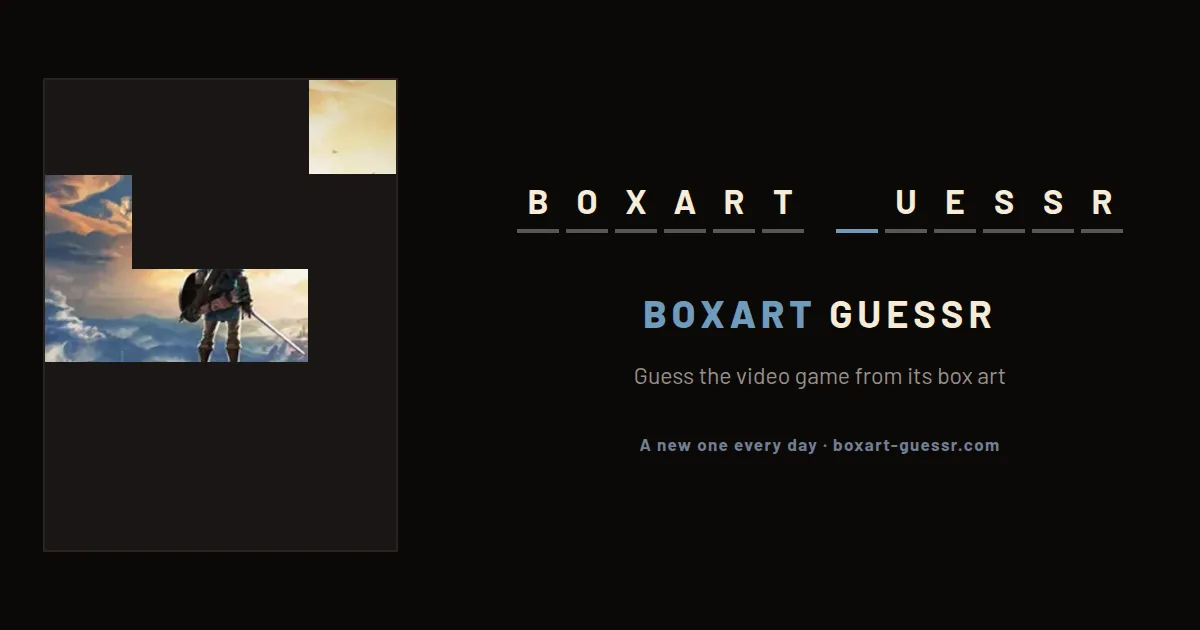 Boxart Guessr share art: a box cover mostly hidden by black tiles, showing a hero on a cliff, beside the title Boxart Guessr