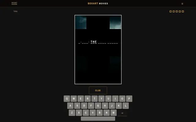Boxart Movies daily board: a black poster frame with two corner tiles uncovered, the title blanks with THE shown after a colon, a Clue button and a keyboard