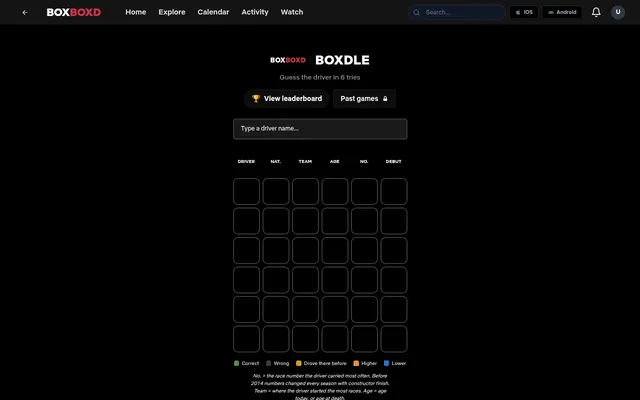 Boxdle on BoxBoxd: 'Guess the driver in 6 tries', a box to type a driver name and an empty six-row board with columns for driver, nationality, team, age, number and debut, above the colour key