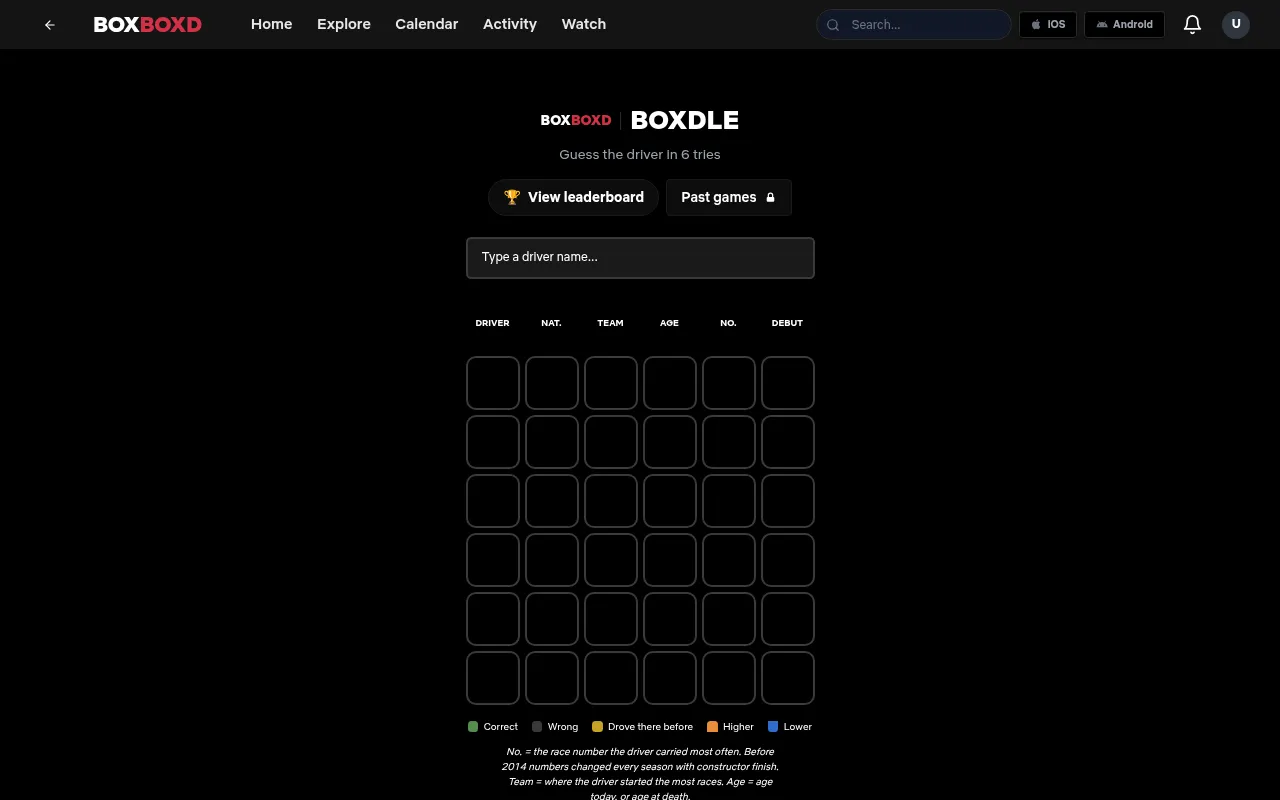 Boxdle on BoxBoxd: 'Guess the driver in 6 tries', a box to type a driver name and an empty six-row board with columns for driver, nationality, team, age, number and debut, above the colour key