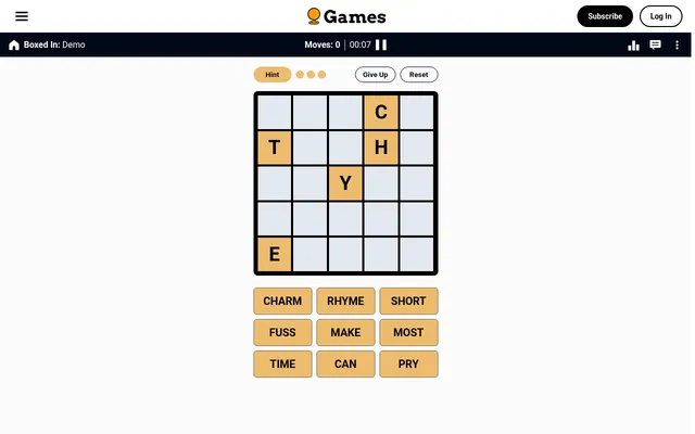 Boxed In's sample game: a 5 by 5 grid with the starting letters C, T, H, Y and E in orange and nine words to fit, from CHARM and RHYME to CAN and PRY, below Hint, Give Up and Reset