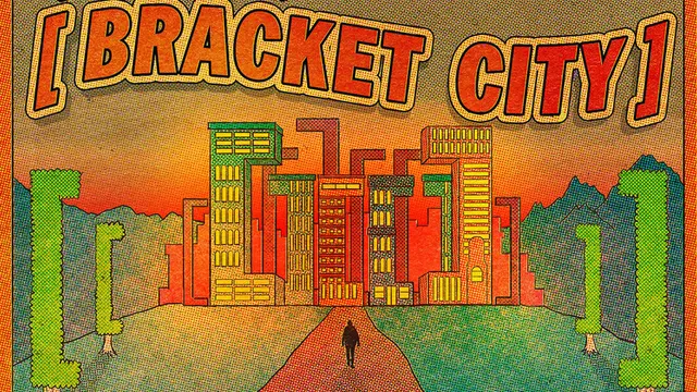 A retro postcard reading Greetings from Bracket City, with a skyline of bracket-shaped buildings