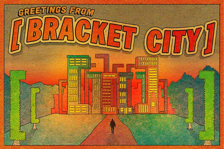 A retro postcard reading Greetings from Bracket City, with a skyline of bracket-shaped buildings