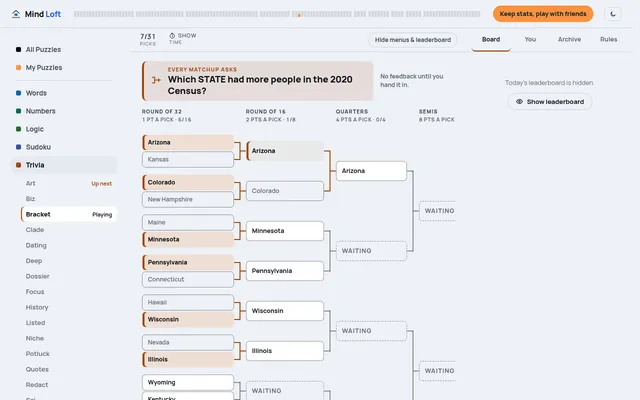 Bracket Sunday Edition board for 18 October 2026 on desktop: which state had more people in the 2020 Census, with six first-round picks carried into the round of 16