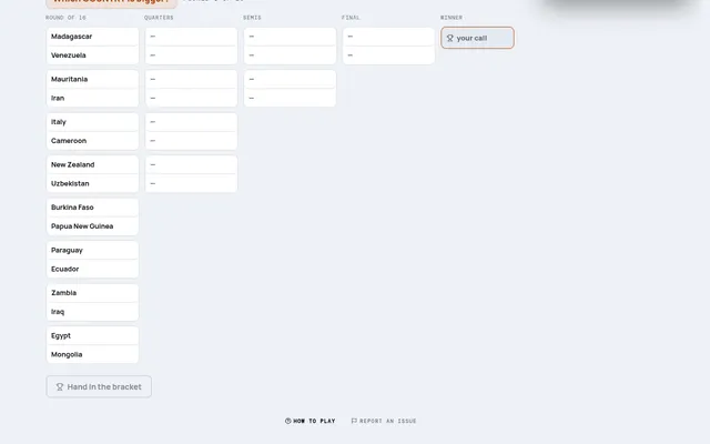 Bracket board on mindloftdaily.com: sixteen countries in a round of 16 under the question which country is bigger, with empty quarter-final, semi-final and final slots