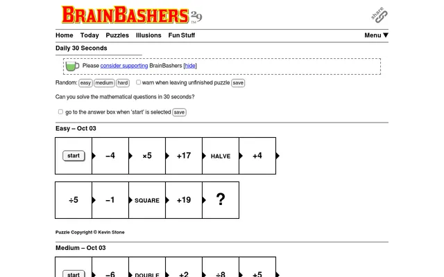 BrainBashers Daily 30 Seconds easy chain for Oct 03: a start box followed by steps minus 4, times 5, plus 17, halve, plus 4, divide by 5, minus 1, square, plus 19 and a question mark