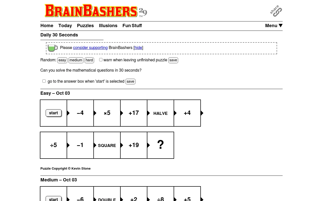 BrainBashers Daily 30 Seconds easy chain for Oct 03: a start box followed by steps minus 4, times 5, plus 17, halve, plus 4, divide by 5, minus 1, square, plus 19 and a question mark
