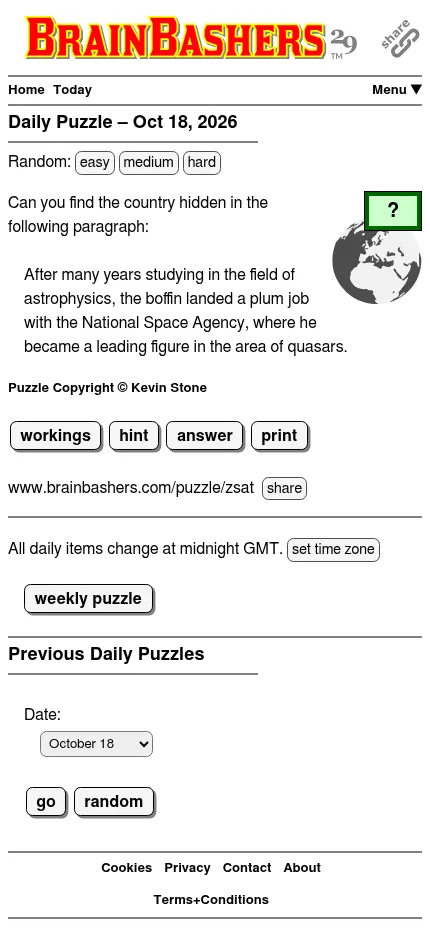 The BrainBashers Daily Puzzle for Oct 18, 2026 on a phone: find the country hidden in a paragraph, with workings, hint and answer buttons