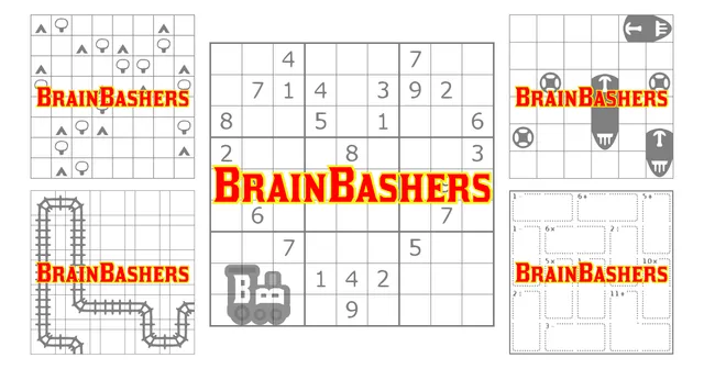 BrainBashers share image with a sudoku, a train tracks puzzle and other logic grids
