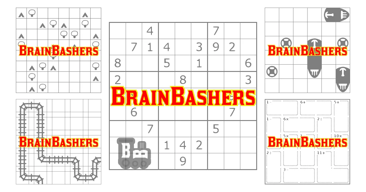 BrainBashers share image with a sudoku, a train tracks puzzle and other logic grids