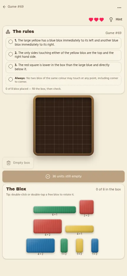 Brainblox Game #69 at phone size: the rules above the empty wooden box, with the blox gallery below