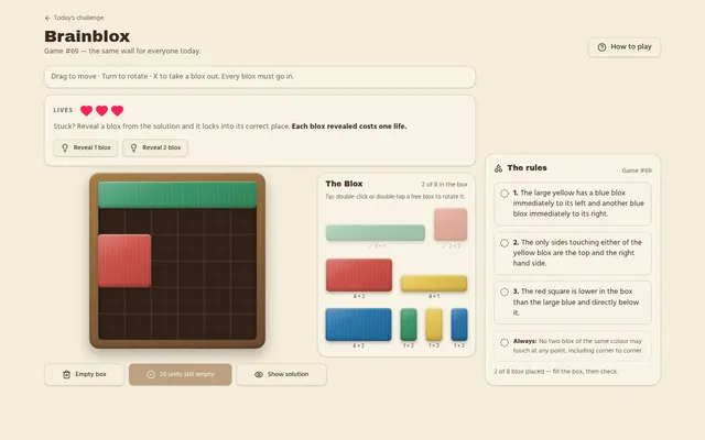 Brainblox Game #69 being played: the green six by one plank and the red square placed in the wooden box, with the day's three rules on the right