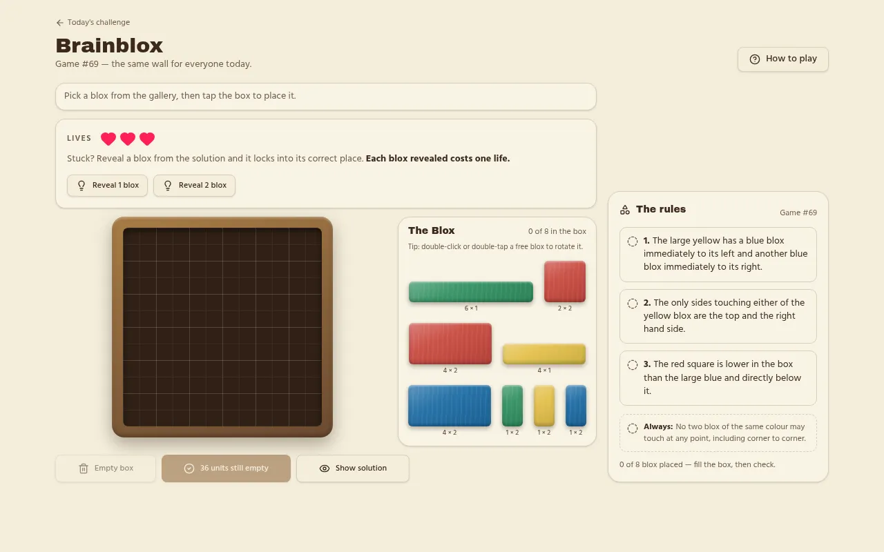 Brainblox Game #69 on a desktop: the empty six by six box, the gallery of eight coloured blox, three lives and the day's rules
