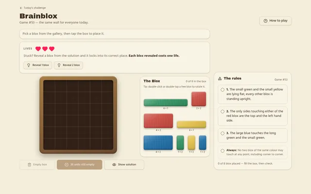 Brainblox Game #53: an empty six by six wooden box, a gallery of eight coloured blox and the three rules for the day