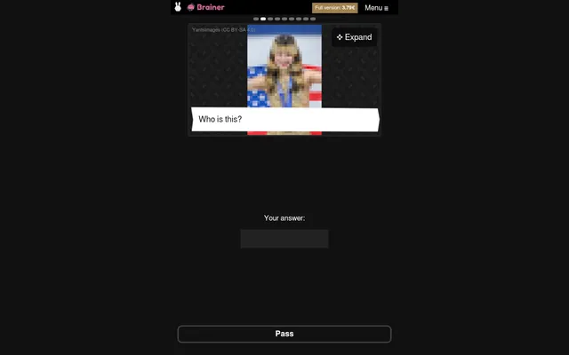 A Brainer question from the daily quiz of 2026-10-07: a pixelated photo of a person with the prompt Who is this?, a box for your answer and a Pass button, with the quiz's progress dots at the top