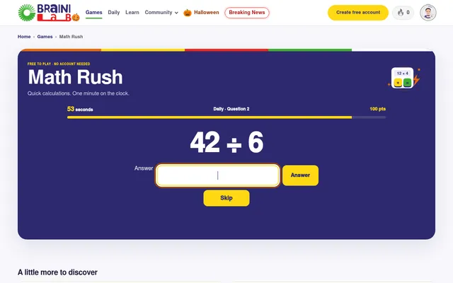 BrainiLab Daily #56 on 23 October 2026, Math Rush: question 2, 42 divided by 6, with 53 seconds left and 100 points so far