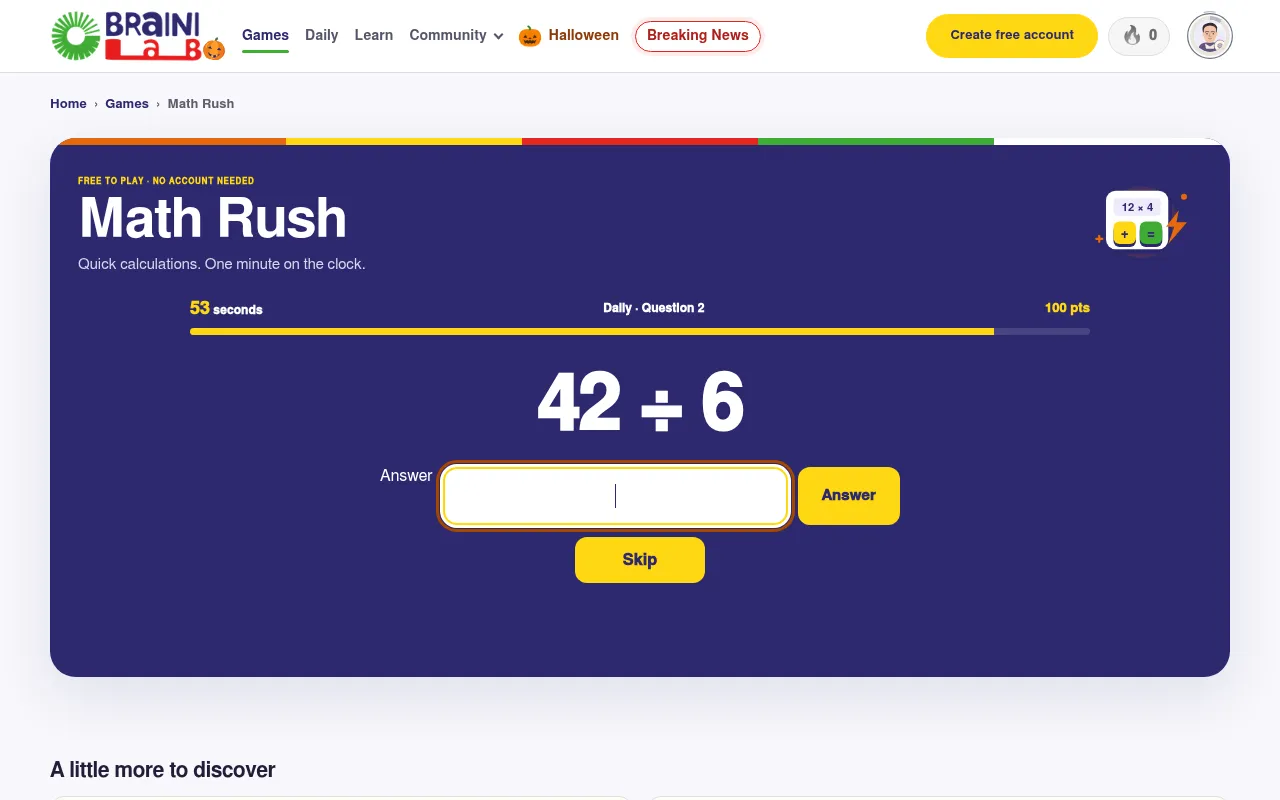 BrainiLab Daily #56 on 23 October 2026, Math Rush: question 2, 42 divided by 6, with 53 seconds left and 100 points so far