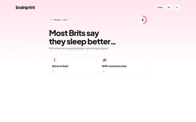 Brainprint's People round, 1 of 4: 'Most Brits say they sleep better...' with two answer cards and a countdown timer