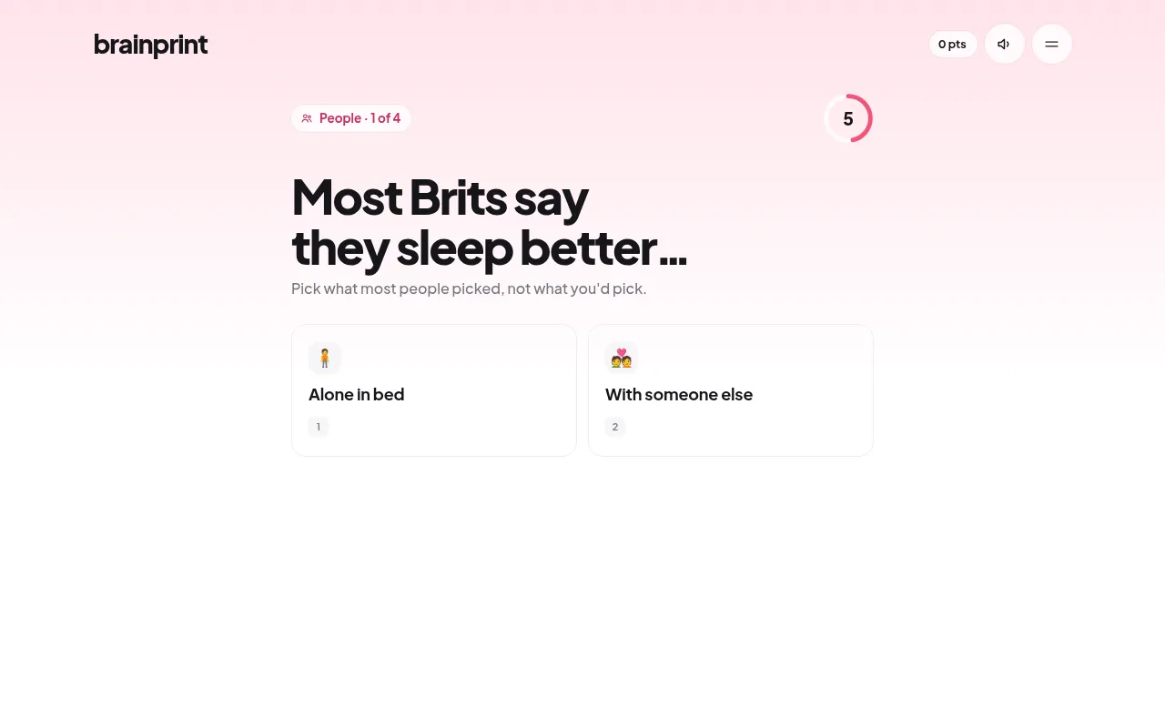 Brainprint's People round, 1 of 4: 'Most Brits say they sleep better...' with two answer cards and a countdown timer