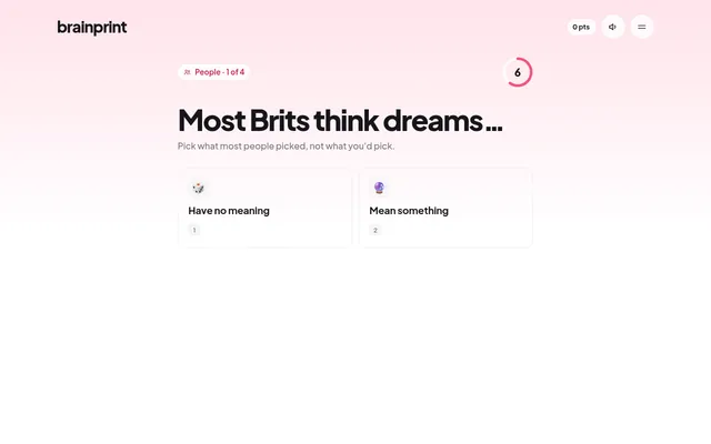 Brainprint #022 on 23 October 2026, People round 1 of 4: 'Most Brits think dreams...' with two answer cards and a countdown timer