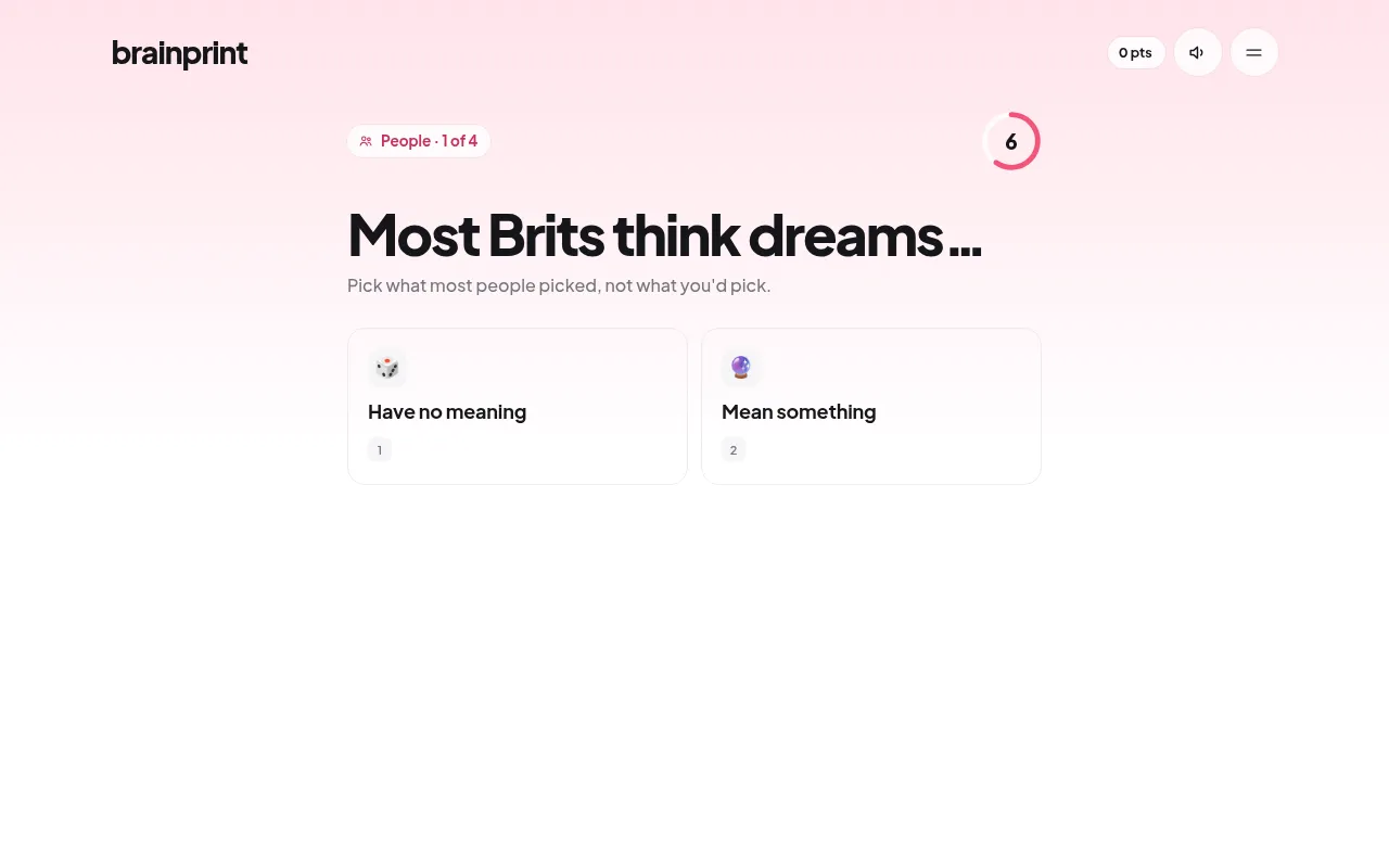 Brainprint #022 on 23 October 2026, People round 1 of 4: 'Most Brits think dreams...' with two answer cards and a countdown timer
