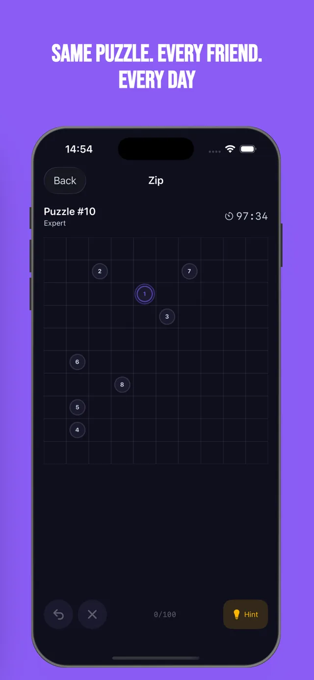 Braize's Zip path puzzle number 10 at Expert level: a grid with dots numbered 1 to 8 and a timer