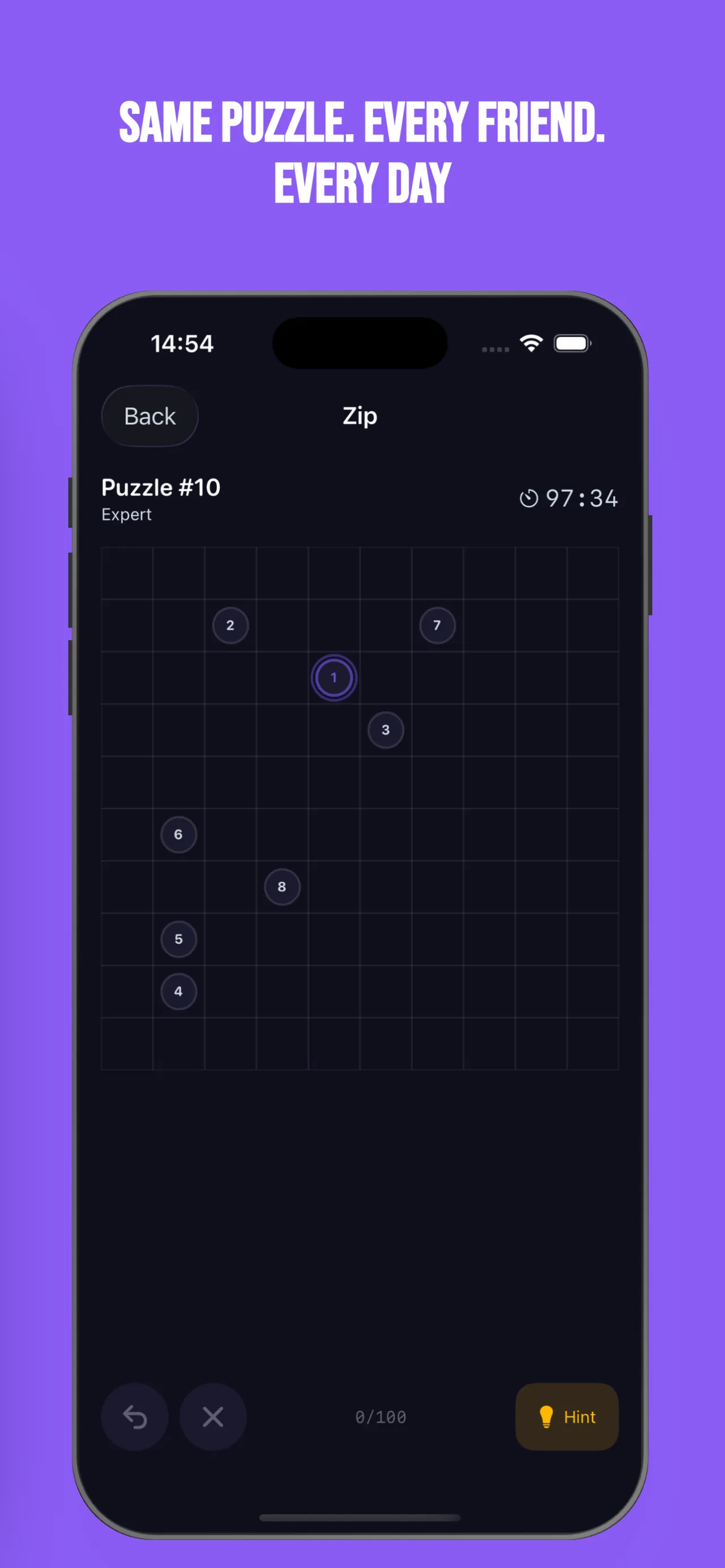 Braize's Zip path puzzle number 10 at Expert level: a grid with dots numbered 1 to 8 and a timer