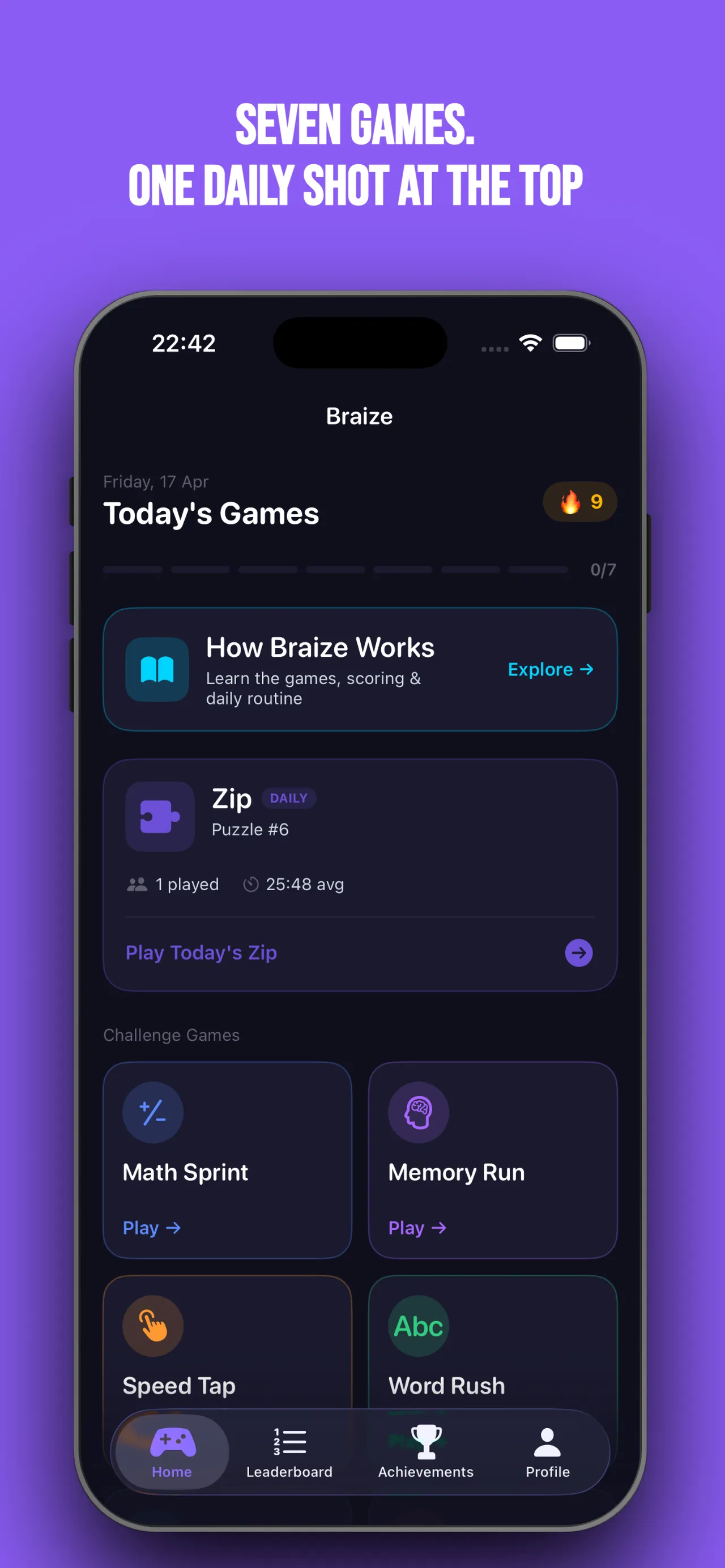 Braize's Today's Games screen with the daily Zip puzzle card, a streak and the challenge games Math Sprint, Memory Run, Speed Tap and Word Rush
