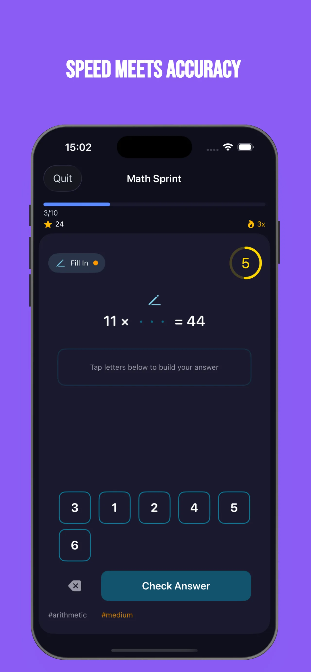 A Braize Math Sprint question, 11 times a missing number equals 44, with number tiles to pick from