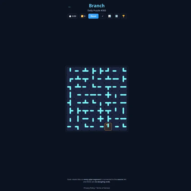 Branch Daily Puzzle #383 with an 8x8 grid of cyan pipe tiles and the star source near the bottom