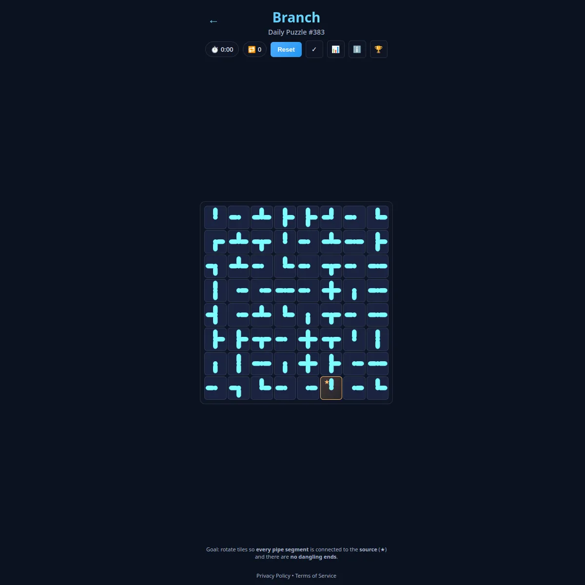 Branch Daily Puzzle #383 with an 8x8 grid of cyan pipe tiles and the star source near the bottom