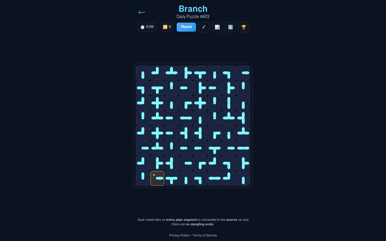 Branch Daily Puzzle #403 for 22 October 2026: an 8x8 grid of scrambled cyan pipe tiles with the starred source near the bottom-left corner, a timer, move counter and Reset button