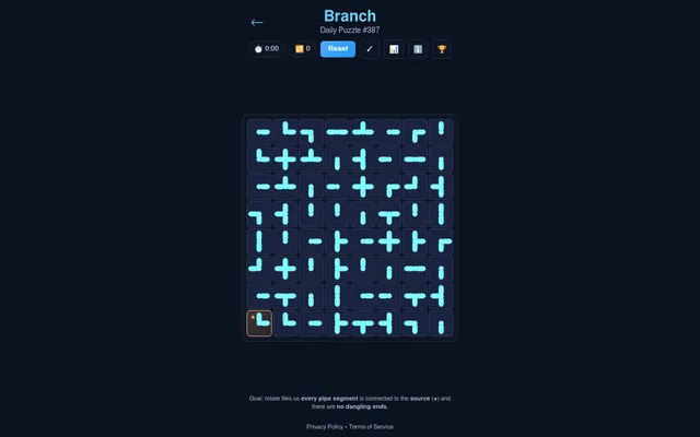 Branch Daily Puzzle #387: an 8x8 grid of cyan pipe tiles to rotate, with the star source in the bottom-left corner, a timer and a move counter