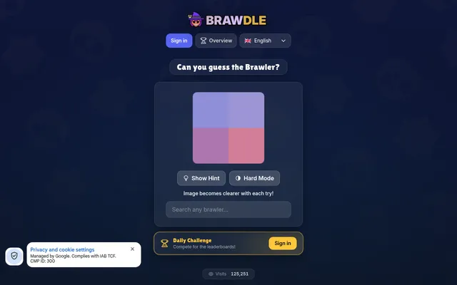 The Brawdle game card: Can you guess the Brawler? above a heavily pixelated brawler image, Show Hint and Hard Mode buttons, the brawler search box and the Daily Challenge bar