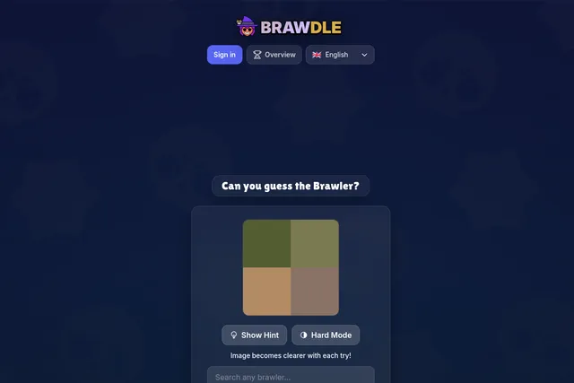 The Brawdle game card: Can you guess the Brawler? above a heavily pixelated brawler image, Show Hint and Hard Mode buttons and the brawler search box