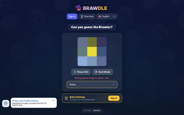 Brawdle on desktop: a brawler's picture pixelated into a three by three grid after one wrong guess (Shelly), with Show Hint and Hard Mode buttons and the Daily Challenge bar