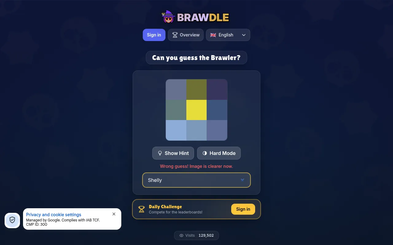 Brawdle on desktop: a brawler's picture pixelated into a three by three grid after one wrong guess (Shelly), with Show Hint and Hard Mode buttons and the Daily Challenge bar