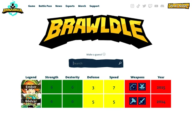 Today's Brawldle board on brawlhalla.com with two guesses, Ember and Bodvar: green Strength and Dexterity, yellow Defense and Speed, red Weapons and Year clues