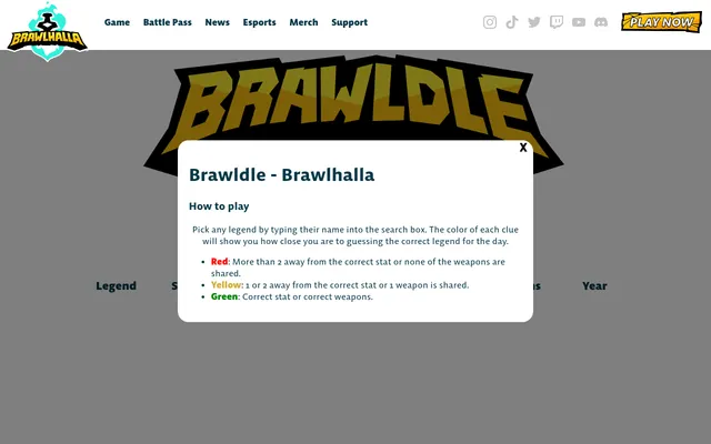 Brawldle on brawlhalla.com with its How to play box explaining the red, yellow and green clues over the Brawldle logo and the Legend, stat and Year columns