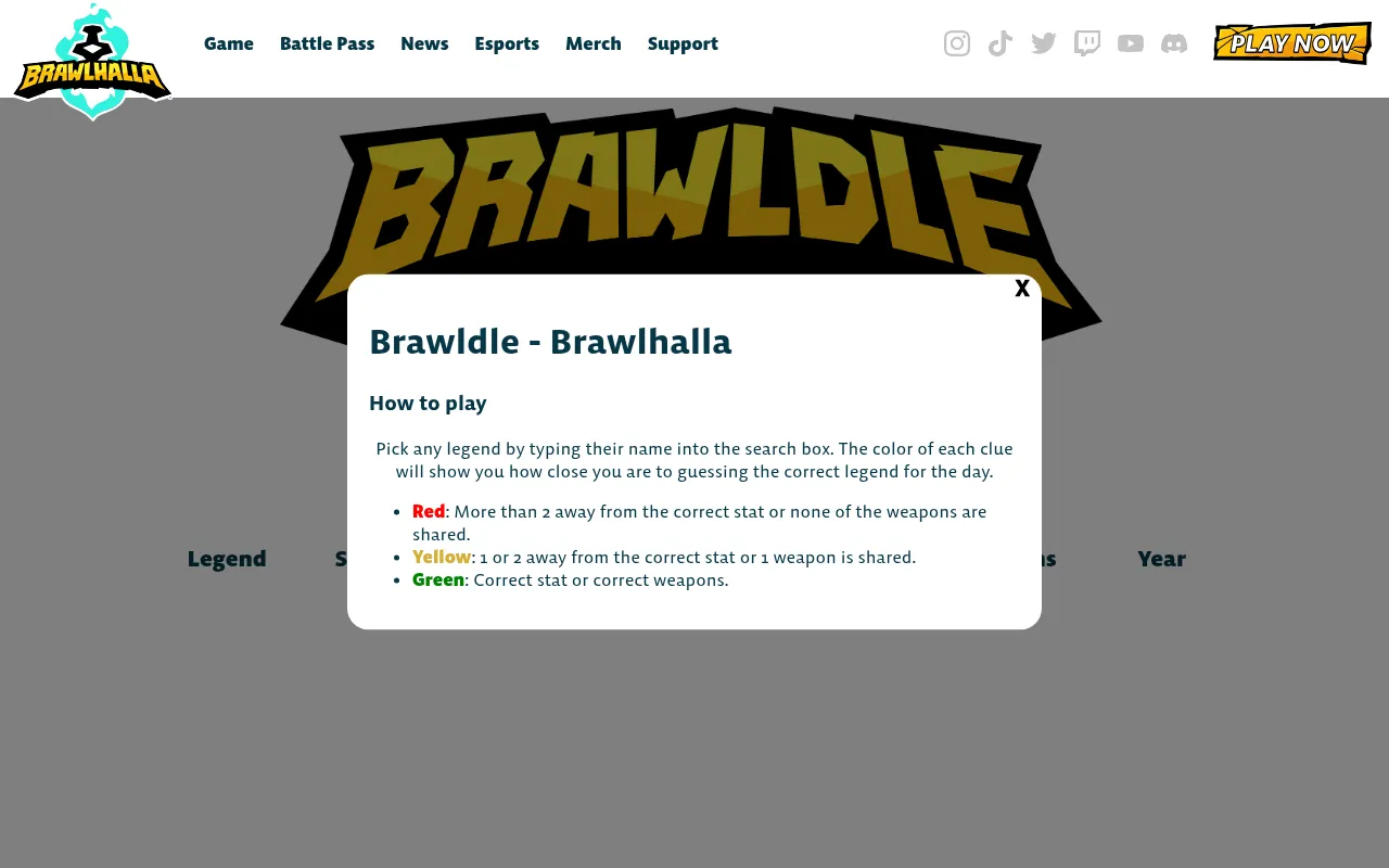 Brawldle on brawlhalla.com with its How to play box explaining the red, yellow and green clues over the Brawldle logo and the Legend, stat and Year columns