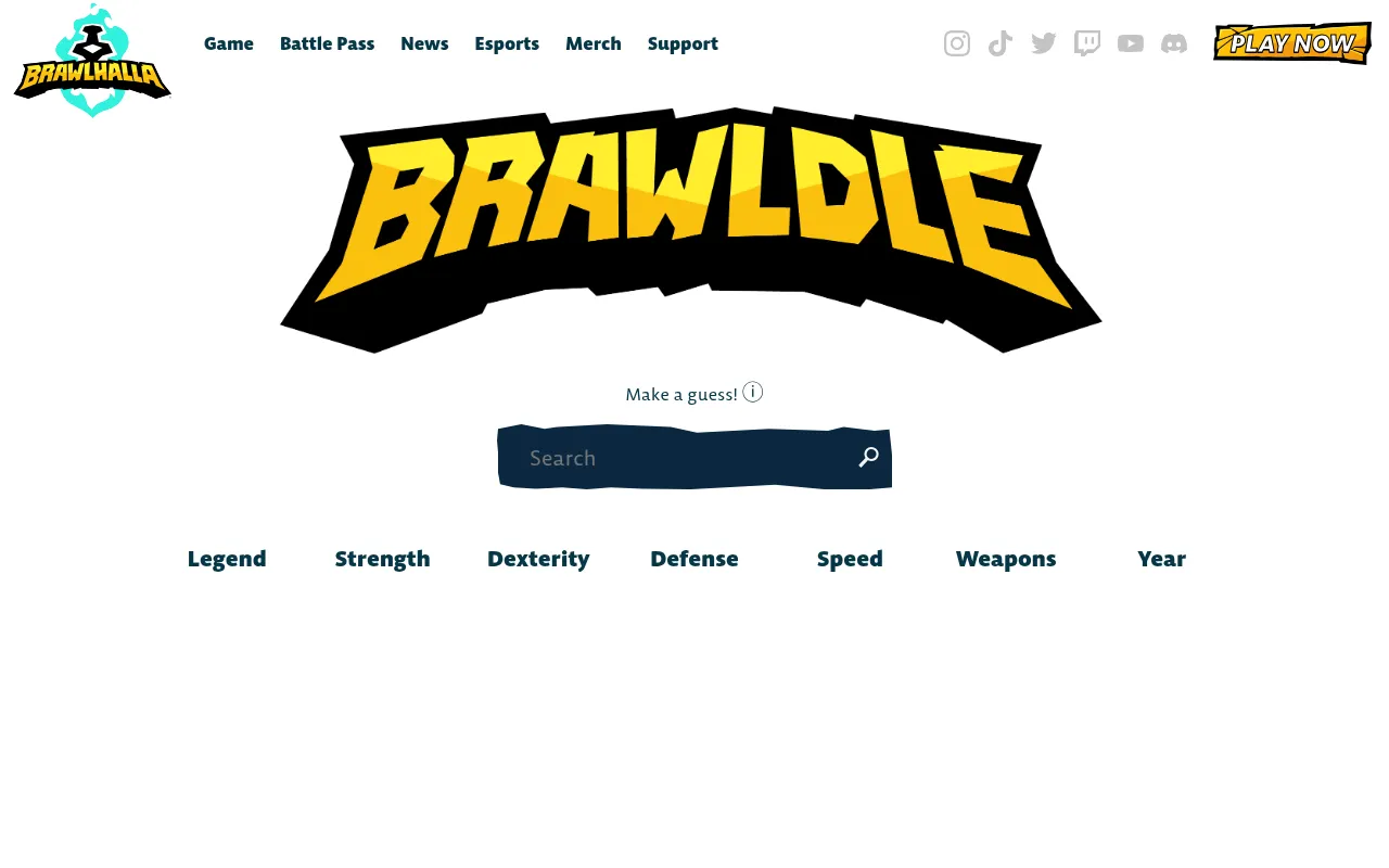 Brawldle's play screen on brawlhalla.com before the first guess: the Brawldle logo, the Make a guess! search box and the Legend, stat, Weapons and Year columns