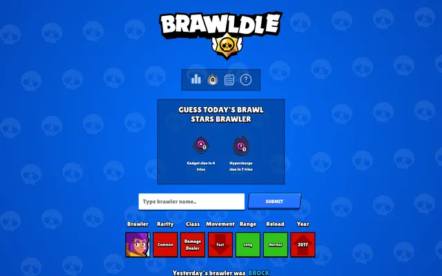 Brawldle Classic mode with a first guess of Shelly: rarity, class, movement, range, reload and year tiles in red and green, and gadget and hypercharge clues locked for 4 and 7 tries