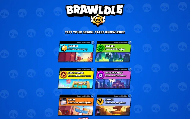 The Brawldle home screen: its logo over a list of daily modes, Classic, Gadget, Star Power, Hypercharge, Pixel and Emoji, each with its own countdown to the next reset