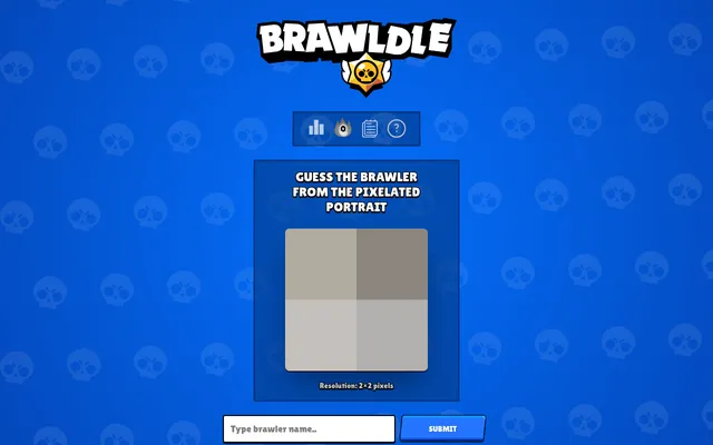 Brawldle's daily Pixel mode: Guess the brawler from the pixelated portrait, showing today's portrait at 2x2 pixels above the Type brawler name box and a Submit button