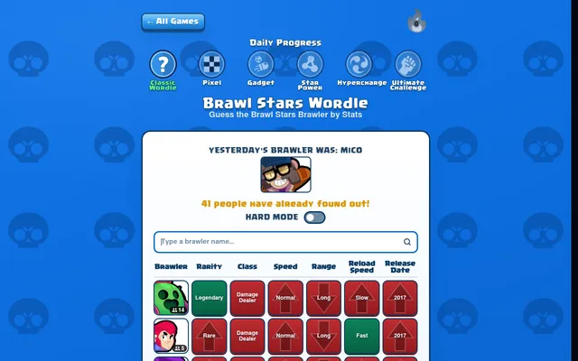 Brawldly's Classic mode on 25 October 2026 with two guesses compared to the hidden brawler: rarity, class, speed, range, reload speed and release date in green or red with arrows