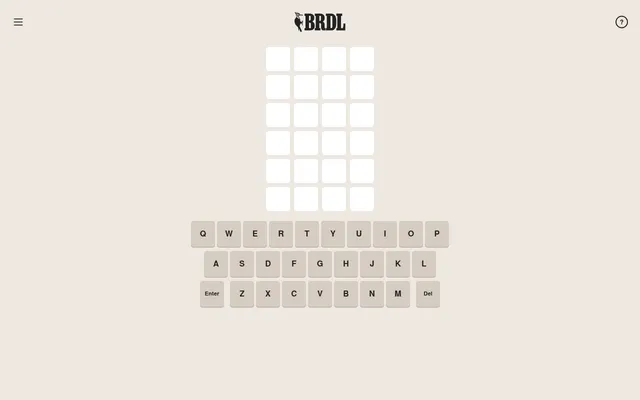 The BRDL board: six empty rows of four tiles under the BRDL woodpecker logo, with an on-screen keyboard