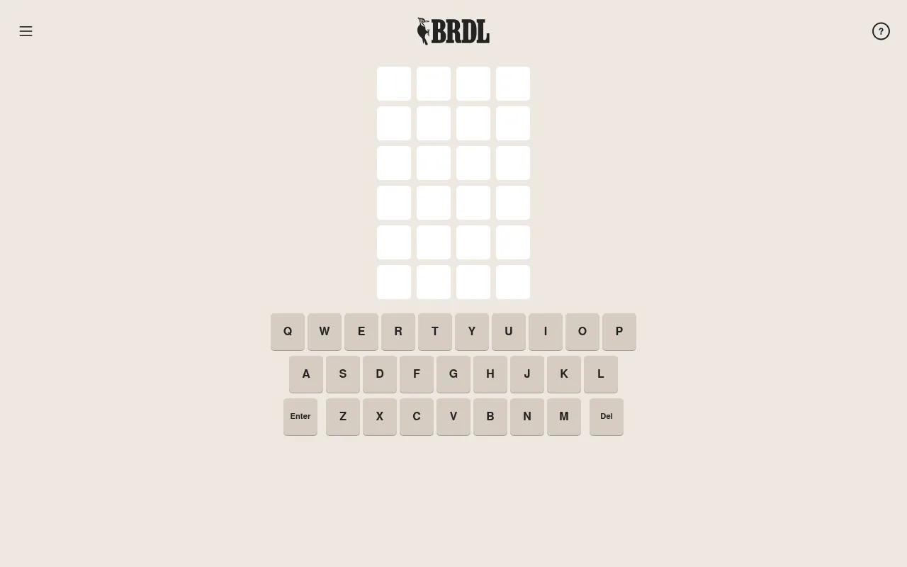 The BRDL board: six empty rows of four tiles under the BRDL woodpecker logo, with an on-screen keyboard