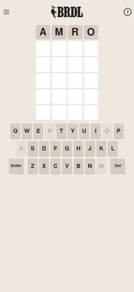 BRDL at phone size: the first guess AMRO entered on the four-letter board, with the keyboard below