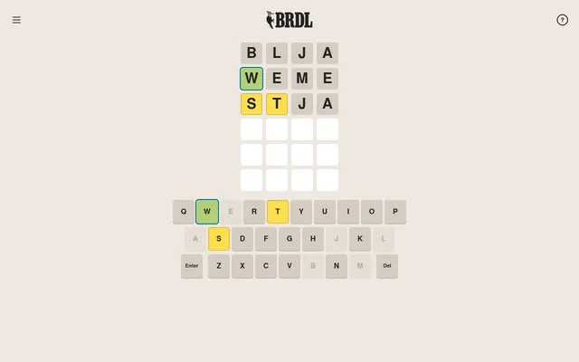 Today's BRDL board mid-game: guesses BLJA, WEME and STJA with green and yellow tiles, above the on-screen keyboard