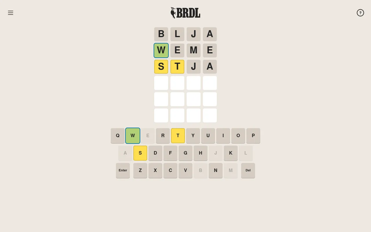 Today's BRDL board mid-game: guesses BLJA, WEME and STJA with green and yellow tiles, above the on-screen keyboard